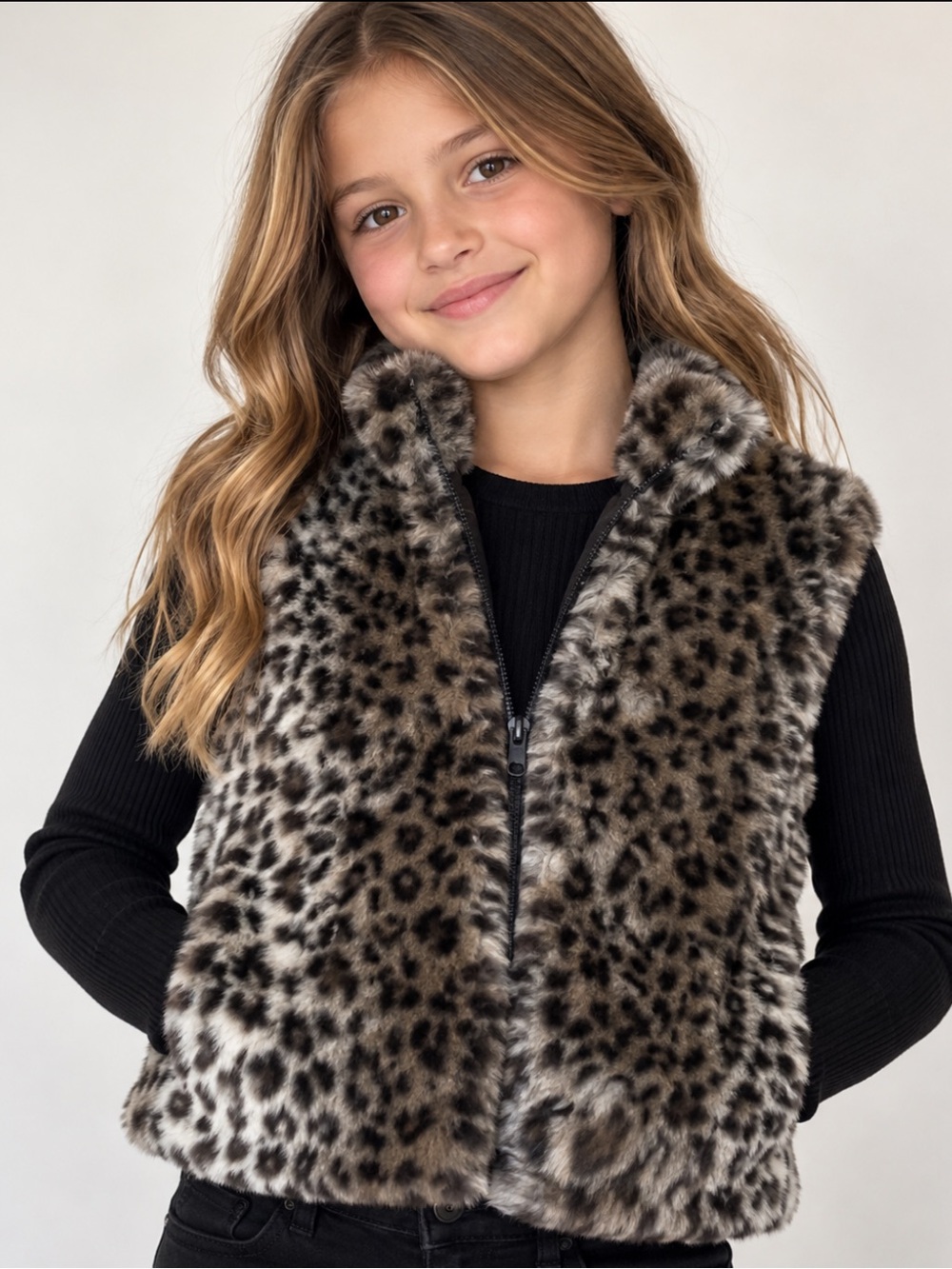C&C California Girls Faux Fur Leopard Print Vest Size 6 Brown Black Chic